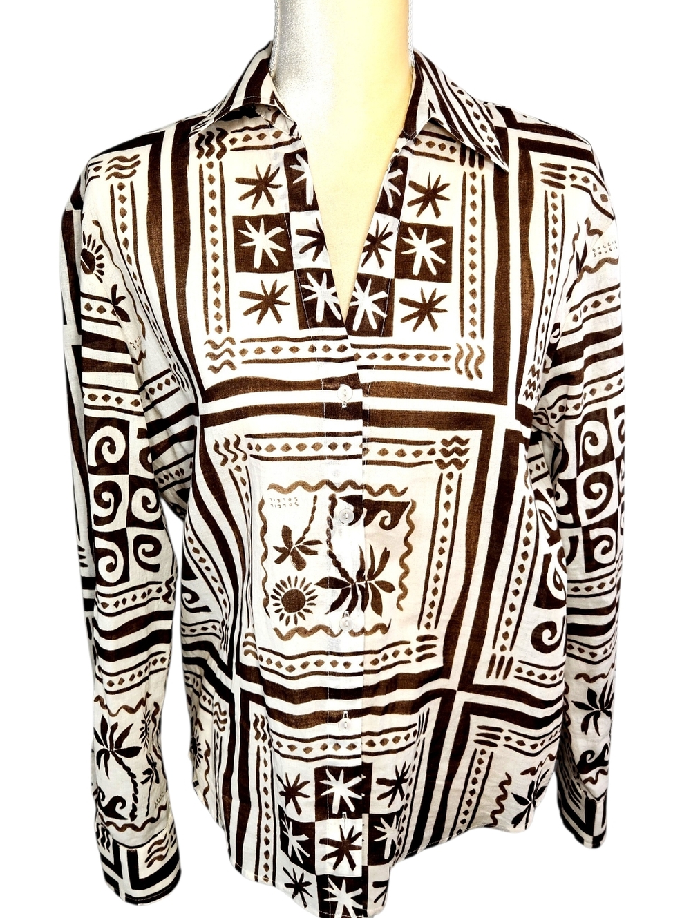 Calypso St. Barth Lightweight Cotton Blouse Long Sleeve Size S/M Tropical